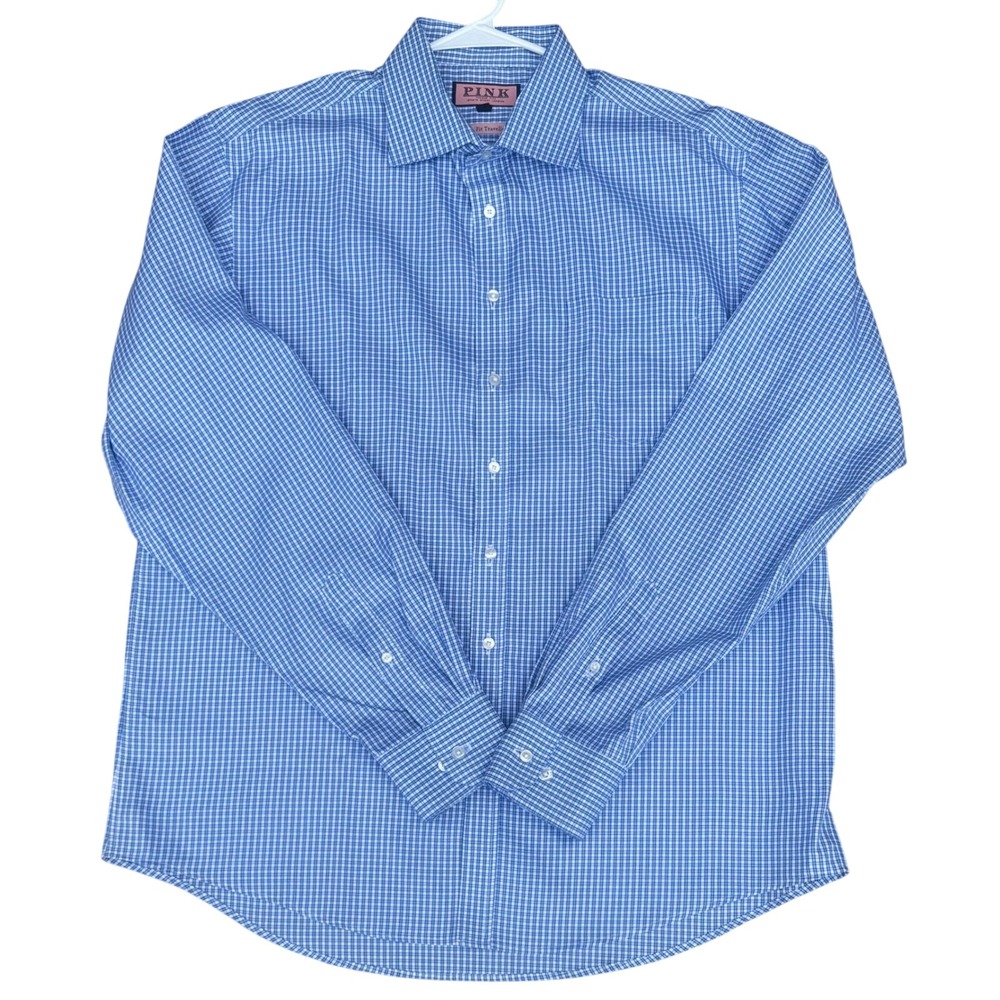 Thomas Pink Slim Fit Traveller Dress Shirt Mens 17.5 Blue White Check Cotton
